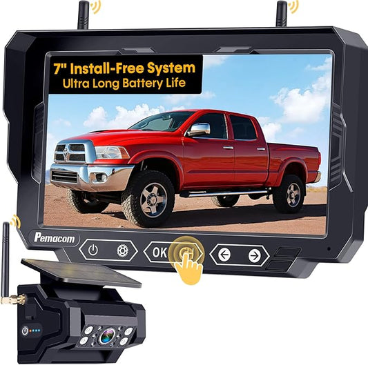 Magnetic Solar Wireless Backup Camera: 7" Portable 1 Min Easy Install Scratch-Proof No Delay Backup Camera for Truck Rechargeable HD 1080P for Trailer Small RV Camper Pemacom P15