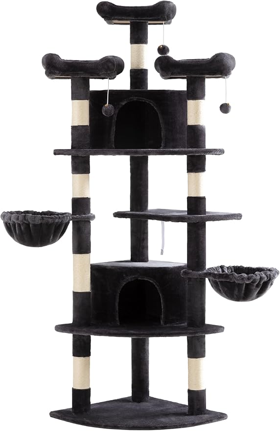 SHA CERLIN 73in Fan-Shaped Corner Cat Tower for Save Space/Multi-Level Tall Cat Tree for Indoor Kitties/Condo with Baskets/Cozy Perches/Sisal Scratching Posts/Pet Activity House/Dark Grey