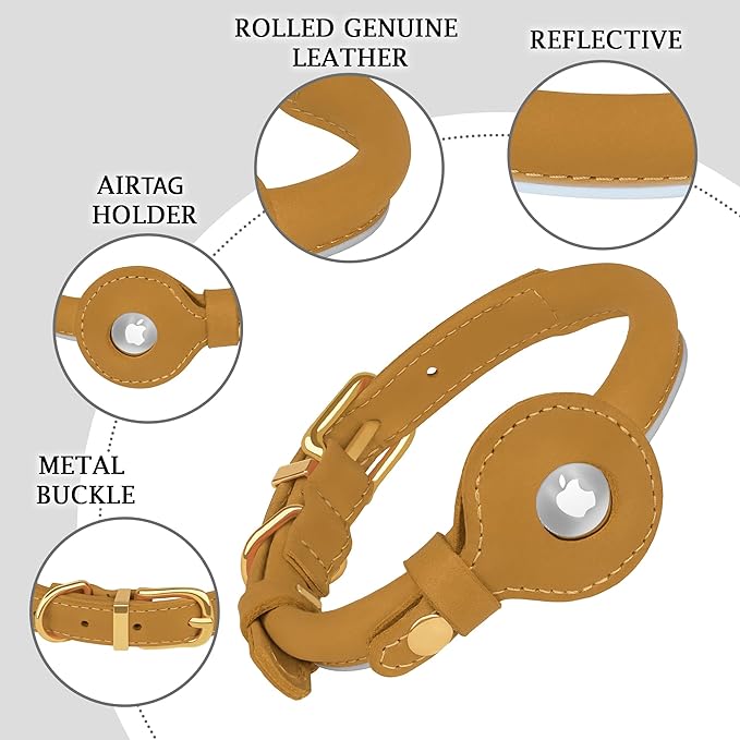 OOPSDOGGY Rolled Leather Dog Collar with Airtag Holder - Reflective Round Airtag Dog Collar - Soft Tracking Pet Collar for Small Dogs Puppy Cats Kitten (Camel, S, 10"-13")