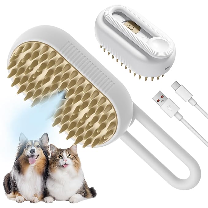 LunaSync Dog Cat Steam Brush for Shedding, 4 in 1 Rechargeable Pet Grooming Brush for Cats and Dogs, Anti-Static Deshedding Tool with Massage & Cleaning, Comb for Long Short Hair - White