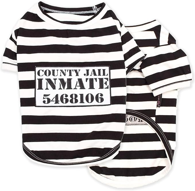 Parisian Pet - Medium Dog Shirt - Black & White Striped - Cotton & Polyester - Sleeved & Lightweight - Prisoner Dog Theme (Medium)
