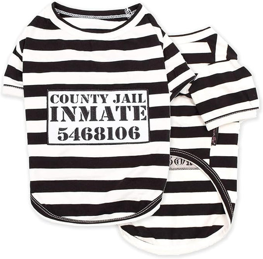 Parisian Pet - Medium Dog Shirt - Black & White Striped - Cotton & Polyester - Sleeved & Lightweight - Prisoner Dog Theme (Medium)