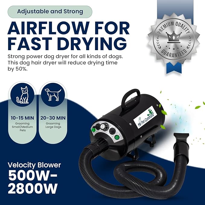 My Pet Command Dog Dryer Blower, Ultra Quiet, Professional High Velocity Blower Adjustable Hot and Cold Airflow, for Drying Deshedding with Accessories, 110V, 500W-2800W 4.5HP