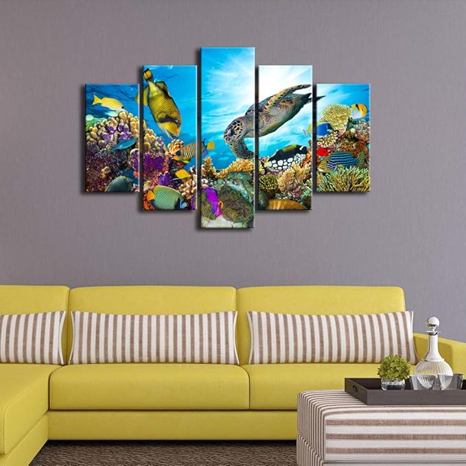 Xlarge 5 Piece Underwater World Canvas Wall Art Painting Sea Turtles Tropical Fish Swim on Coral Reef in the Sea Ocean Picture Prints Kids Room Wall Decor Stretched and Framed Ready to Hang 40x60inch