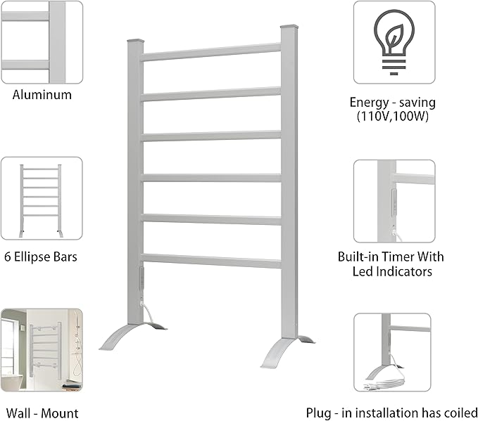 KEG Towel Warmer 6 Bars for Bathroom Freestanding or Wall Mounted Bath Towel Heater Plug-in with Built-in Timer Silver