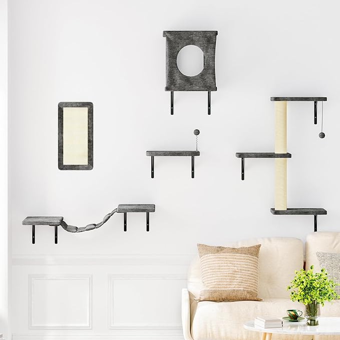 NUNU LAB Wall Mounted Cat Furniture, 5 Pcs Cat Wall Shelves with House, Bridge, Steps, Scratching Post, Shelves, Indoor Safe & Stable Furniture for Kittens Play, Gray