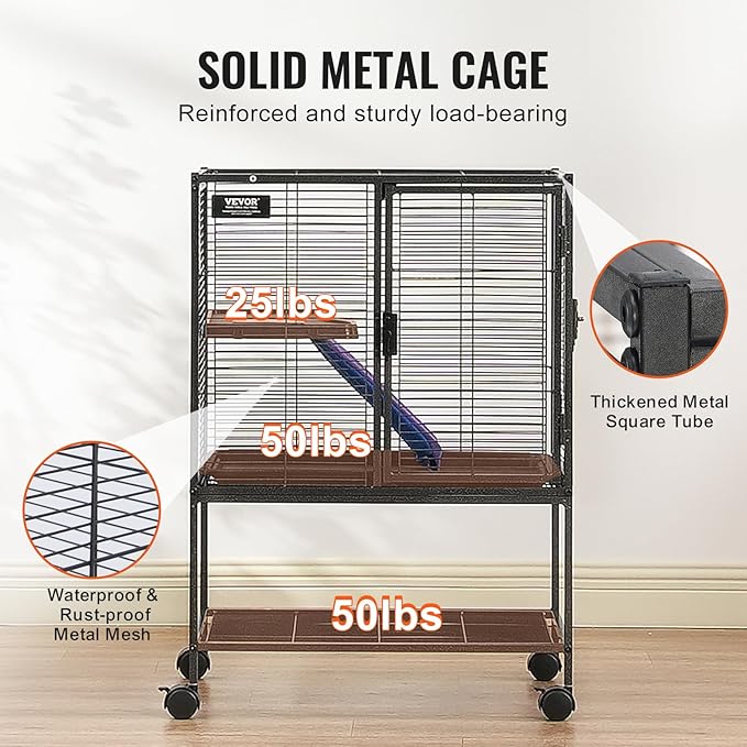 VEVOR 34" Rolling Metal Ferret Cage, Large 2-Tier Critter Nation Cage, Small Animal Cage with Ramps & Tray, Easy to Set up for Pet Mice, Hamster, Guinea Pig, Chinchilla, Squirrel, Hedgehogs, Bunny