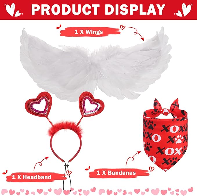 SCENEREAL Dog Outfit/Birthday Bandana with Feather Wing & Heart Headband Dogs Girls Set, Red Puppy Kitty Party Supplies for Small Medium Dogs Cats, Pet Costumes-(Small)
