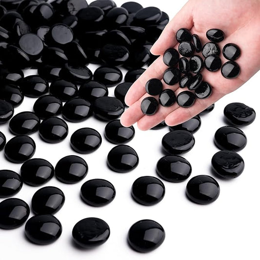 Black Glass Marbles, 0.97 LB Flat Glass Beads for Vases, Mosaic Gem Pebbles for Aquarium Decor, Floral Arrangements Vase Filler Smooth Mancala Stones and Crafts Approx. 80-100PCS