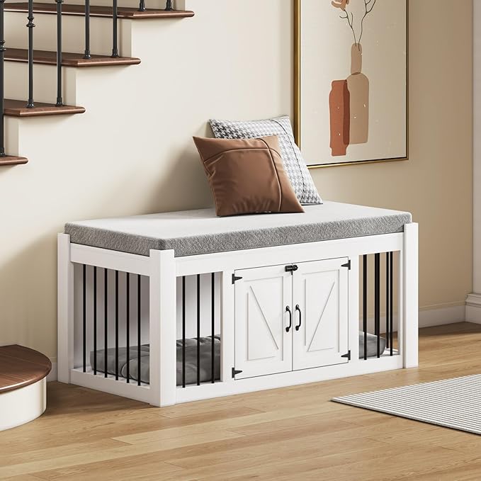 Dog Crate Furniture with Padded Seat, Luxury Wooden Dog Kennel, End of Bed Bench Ottoman with Removable Cushion for Bedroom, Living Roome, White