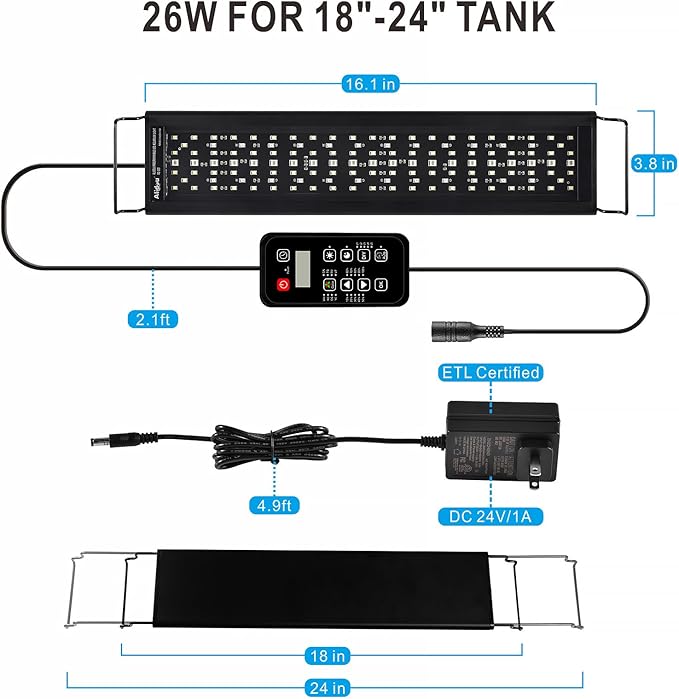 Advanced 7-Row LED Aquarium Light, Easy Setup Controller, Auto On Off Full Spectrum Fish Tank Light, 24/7 Lighting Cycle, 8 Colors, 10 Level Dimming, 26W for 18"-24" Freshwater Planted Tank