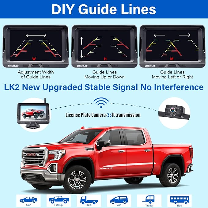 Wireless Backup Camera Ease Install - Color Image HD 1080P 5 Inch Monitor Digital Signal Stable No-Delay Bluetooth Rear View Camera Auto-Switching Night Vision for Truck/Car/Pickup/SUV/Camper - LK2