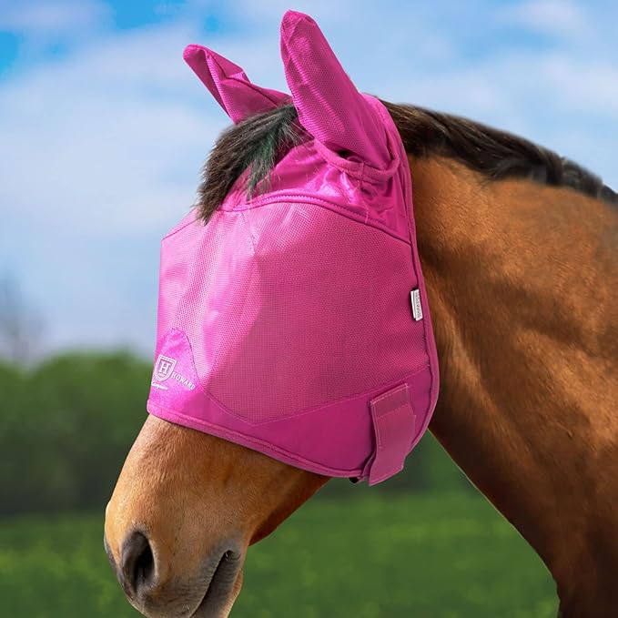 Harrison Howard UV-proof Multi-Function Fabrics Thick Fleece Padding Horse Fly Mask Half Face with Ears Magenta Horse Large
