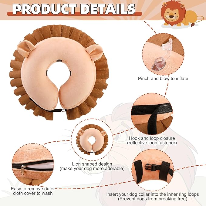 KOOLTAIL Inflatable Dog Cone Collar, Soft Dog Cone Alternative for Large Medium Small Dogs After Surgery, Adjustable Donut Neck Cone for Dogs Cats, Recovery E Collar with Enhanced Anti-Licking,Lion L