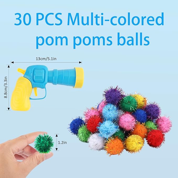 Dorhui Cat Toy Gun Launcher - 30 Pcs Sparkle Pom Pom Balls and Ball Launcher, Fetch Toy Gun Shooter, Interactive Glitter Balls for Indoor Cats and Kitty Gifts