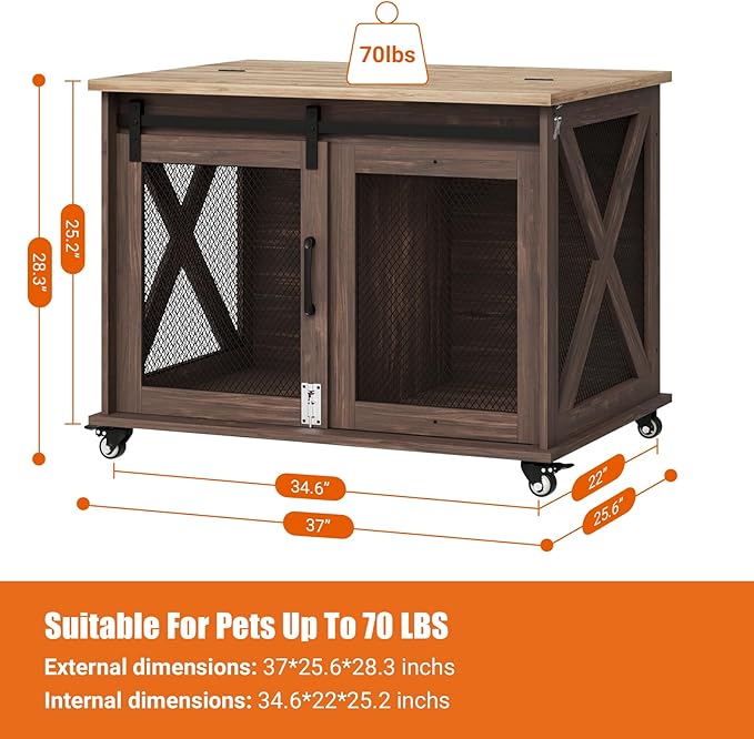 Dog Crate Furniture,37 Inch Indoor Dog Cage with Sliding Barn Door, Flip Top Dog Kennel End Table with Removable Divider, Farmhouse Wooden Pet House for Small to Middle Size Dogs