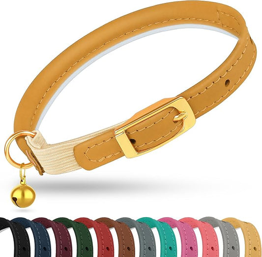 OOPSDOGGY Rolled Leather Cat Collar with Bell - Reflective Kitten Collar with Safety Elastic Strap - Adjustable Small Pet Collars for Boy Girl Cats (Camel)