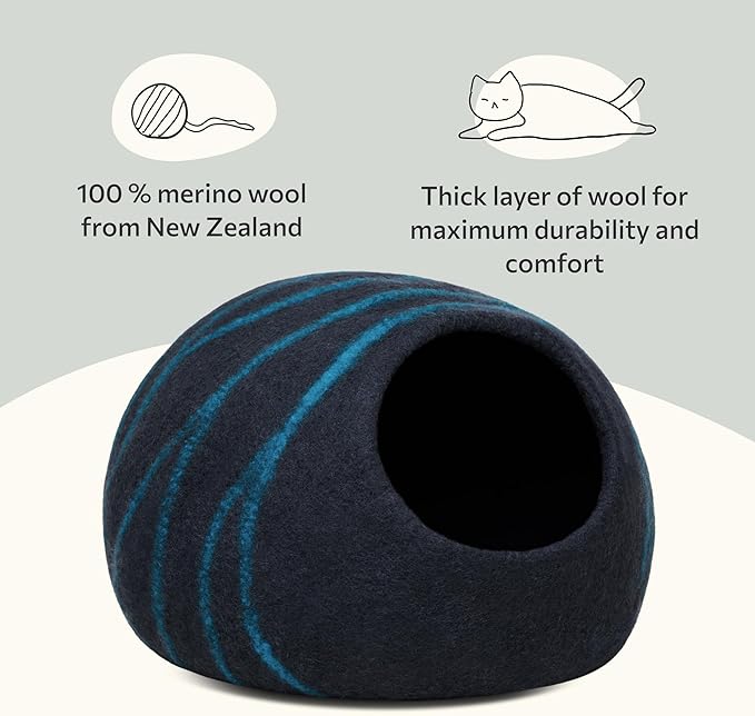MEOWFIA Cat Cave – Premium Felt Cat Bed for Indoor Cats, Handmade 100% Merino Wool (Large, Black Aqua)