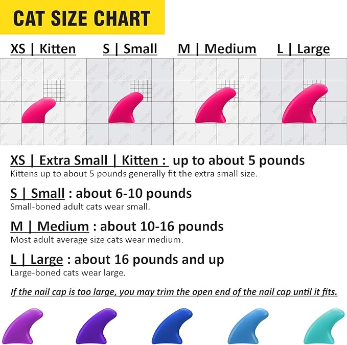 zetpo 100 pcs Cat Nail Caps | Cat Claw Covers | with Adhesives and Applicators (S, Purple, Violet, Blue, Sky Blue, Turquoise)