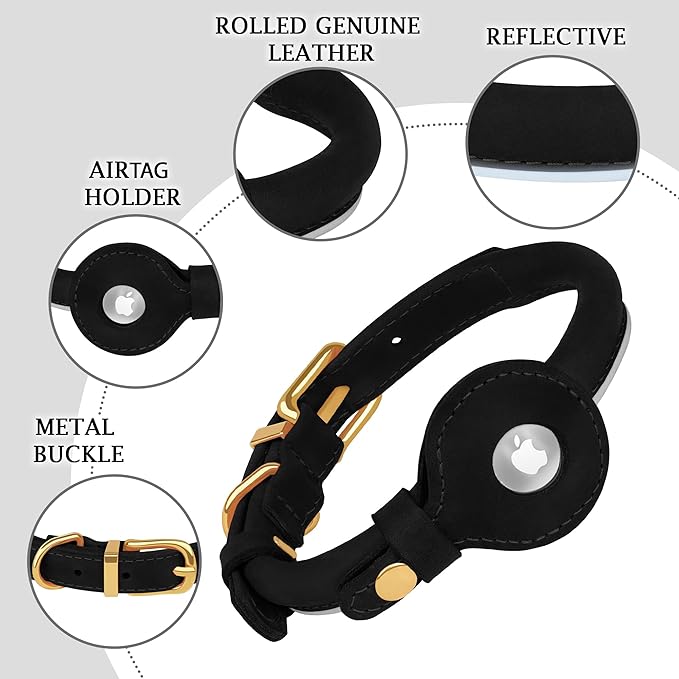 OOPSDOGGY Rolled Leather Dog Collar with Airtag Holder (Black, XS, 8"-11")