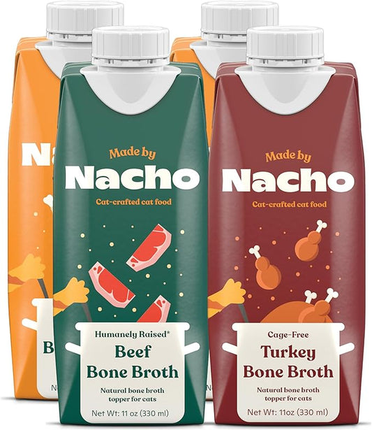 Made by Nacho Bone Broth Cat Food Topper for Hydration and Picky Eaters - Add Protein and Flavor to Your Dry Cat Food – 11 oz. (Pack of 4), Variety Pack