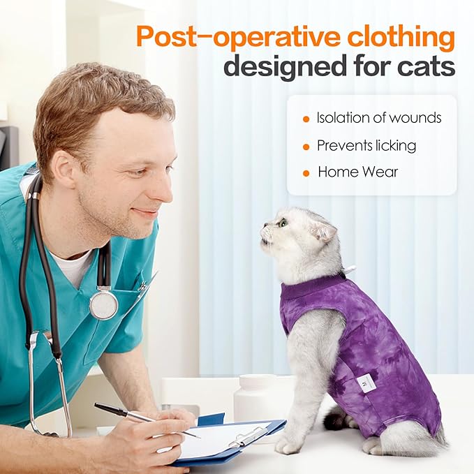 Purrfect Recovery Suit for Cats - Abdominal Wound Protection, Cone Alternative, Purple L