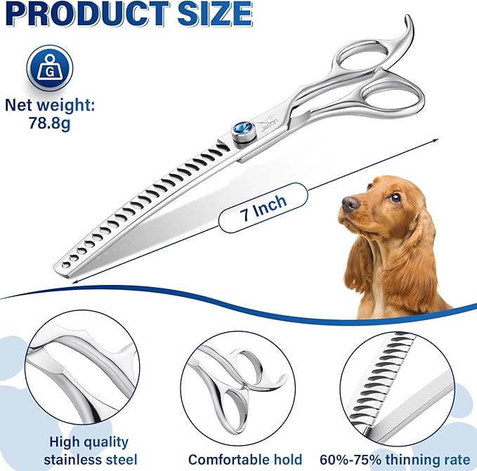 JASON 7" Curved Chunker Dog Scissors - Ergonomic Dog Grooming Scissors Silver Curved Dog Shears 440C Stainless Steel Grooming Shears Professional Pet Shears For Groomer (21-Teeth)