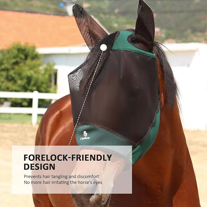 Horse Fly Mask Large Space Breathable UV Protection Equine Mask with Reflective Features on Ears Hunter Green L