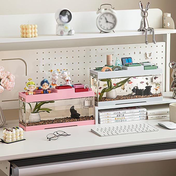 Modern Acrylic Betta Fish Tank Aquarium Kit with LED Lighting and USB Charging Ports 20 Gallon Small Fish Tank for Home Office Decor, Ideal for Living Rooms, bedrooms (Pink)