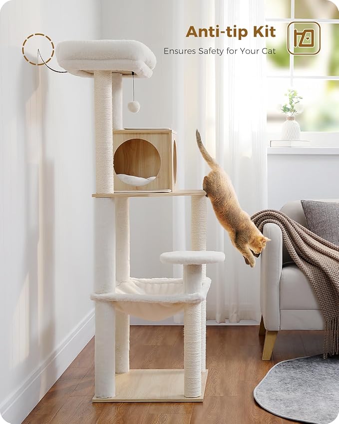 PETEPELA Wood Cat Tree for Indoor Cats Multi-Level Tower with Sisal Covered Scratching Posts, Cozy Condo, Super Large Hammock and Plush Perches Faux Rabbit Milk Fur Beige Rabbit Fur Wood Beige