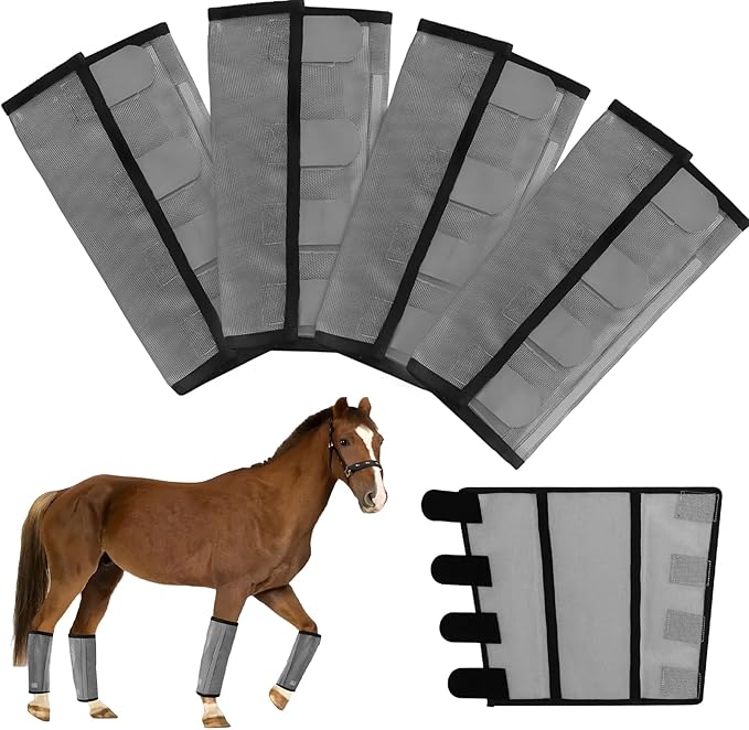 Mesh Horse Fly Boots Set of 4，Adjustable and Universal Loose Fitting & Non-Slip Horse Fly Leggings for Horses,Reduce Stressful Stomping (Grey)