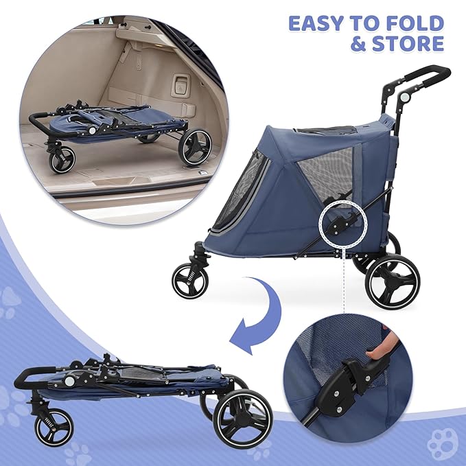 Magshion Pet Stroller for Medium Dogs w/Adjustable Handle, 3-Wheel Dog Cat Wagon w/Dual Entry, Rear Storage, Breathable Mesh, One-Foot Brake, Ideal for Large Pets up to 55 lbs, Navy Blue