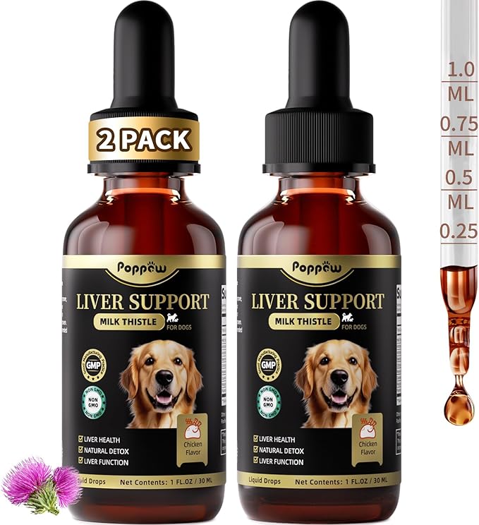 (2 Pack) Poppaw Milk Thistle for Dogs – 9-in-1 Liver & Kidney Support with Artichoke, Resveratrol, Marigold Extract, 100% Natural Detox Herbal Supplement, Chicken Flavor, 2 Oz