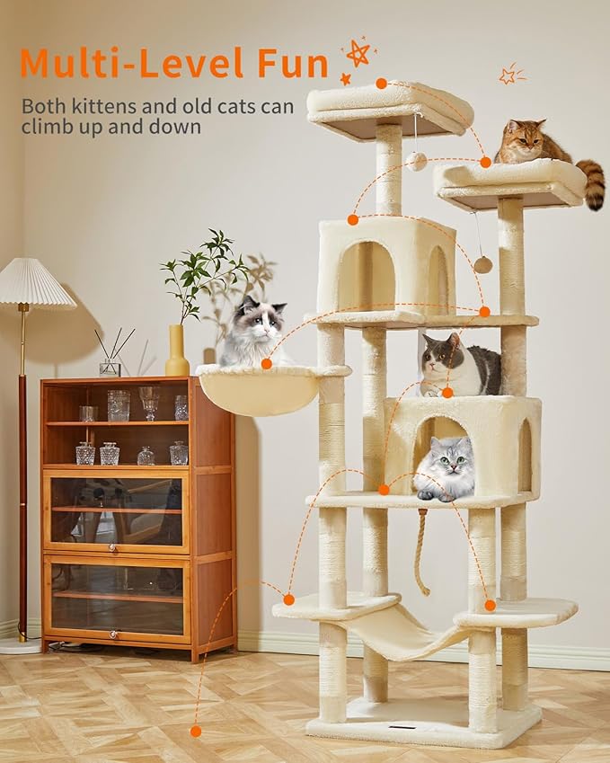 Taoqimiao Cat Tree, 71.7-Inch Cat Tower for Indoor Cats, Plush Multi-Level Cat Condo with 13 Scratching Posts, 2 Perches, 2 Caves, Hammock, 2 Pompoms,Beige MS013LM