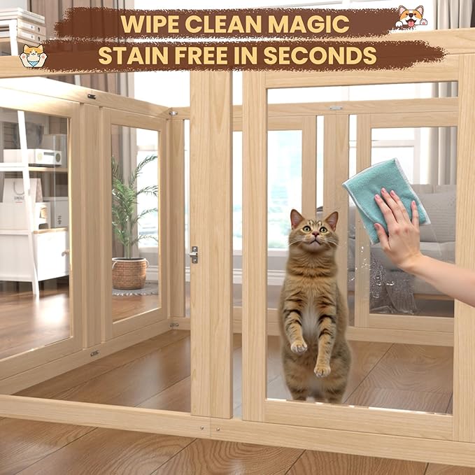 8 Panels Dog Playpen with Door, 23.6" H Pet Playpen Indoor, Clear Acrylic Puppy Playpens, Wooden Puppy Fence with Gate, Transparent Dog Pens, Pet Pen Indoor for Dogs, Cats, Rabbit, Small and Medium