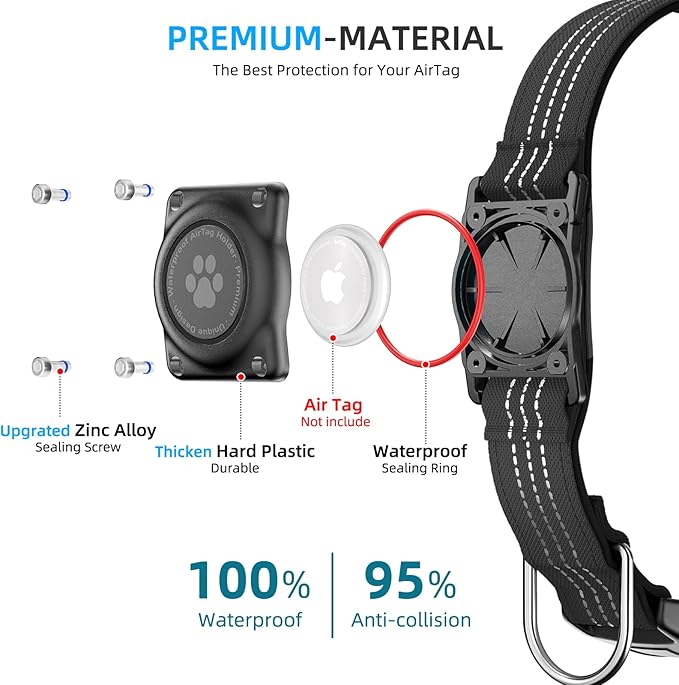 Upgraded AirTag Dog Collar, IP68 Waterproof Air Tag Dog Collar Holder, Reflective, Ultra-Durable, Comfortable Padded, Heavy Duty Dog Collars for Small Medium Large Dogs (L (14.8"-20.3"), Black)