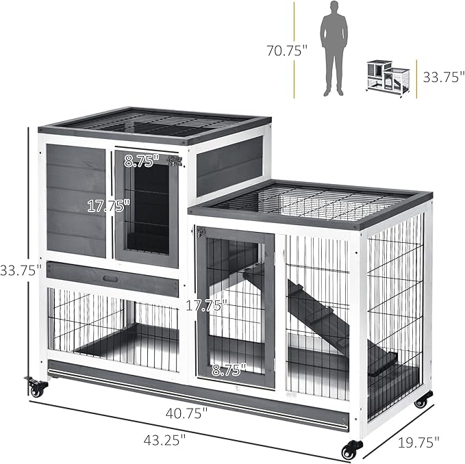 PawHut Wooden Rabbit Hutch Elevated Bunny Cage Indoor Small Animal Habitat with Enclosed Run with Wheels, Ramp, Removable Tray Ideal for Guinea Pigs, Grey