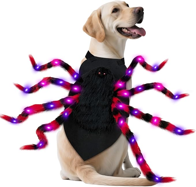 OurWarm Large Dog Halloween Costume, Dog Spider Costume with 64 LED Purple Lights, Furry Funny Halloween Costumes for Large Dogs Pets Clothes Puppy Outfits Cosplay Halloween Party Decor