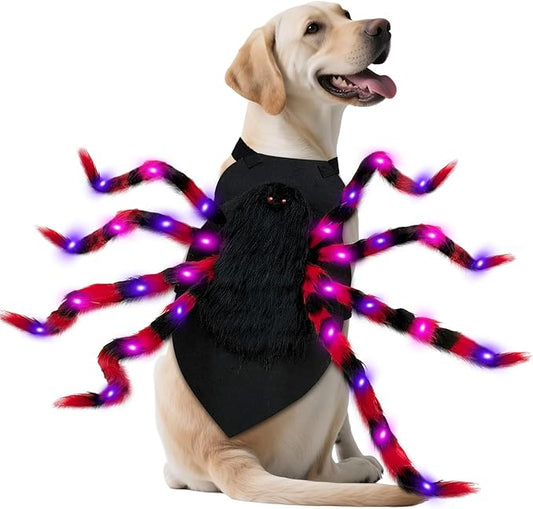 OurWarm Large Dog Halloween Costume, Dog Spider Costume with 64 LED Purple Lights, Furry Funny Halloween Costumes for Large Dogs Pets Clothes Puppy Outfits Cosplay Halloween Party Decor