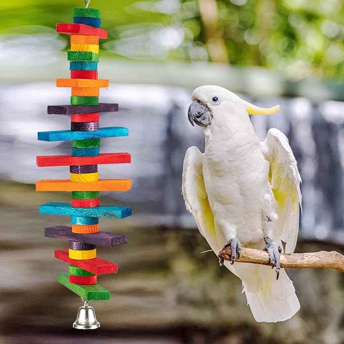 MEWTOGO 2 Pcs Bird Toys - Parrot Toys with Multicolored Natural Wooden Blocks, Chewing Sticks for Conures, Parakeets, Cockatiels, Lovebirds, African Grey, Macaws, Amazon Parrots - Bird Gift