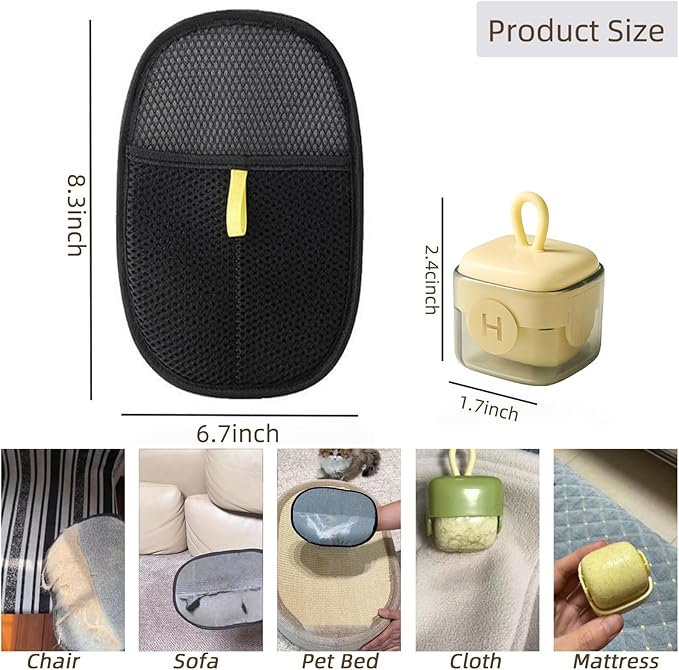 Pet Hair Removal Glove for Cats Dogs, Reusable Electrostatic Gloves Pet Hair Remover Mitt Easy Scrape Pet Hair from Cloth, Rugs, Cat Bed, Car Trunk(1 PC Glove &1 PC Lint Roller)