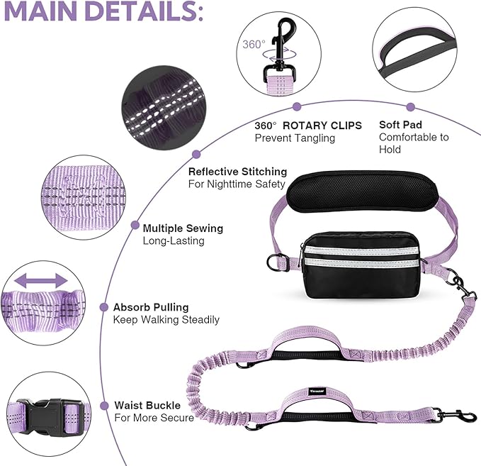 Hands Free Dog Leash, Adjustable Waist Belt with Double Padded Handles,Retractable Bungee, Waist Leash for Dog Walking,Running, No Pull,Purple