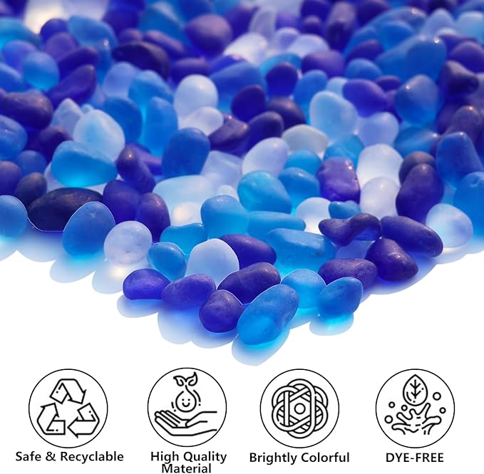 Sea Glass Stones - 2.9LB/46.4oz Blue Mixed Frosted Glass Pebbles Gemstones - Perfect for Aquarium Rocks, Fish Tank Gravel, Vase Fillers, Seaglass DIY Crafts, and Home Decor