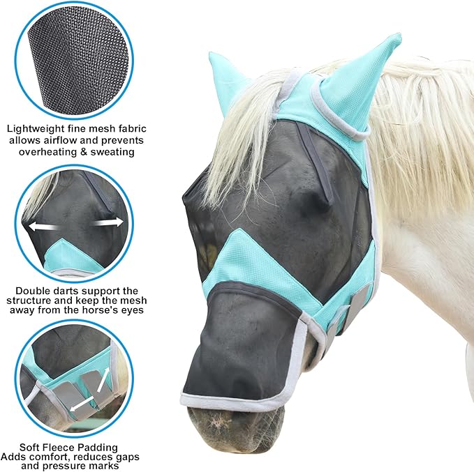 Horse Fly Mask with Ears & Long Nose Cover | Forelock Opening for Tangle-Free Mane Care | UV Protection & Breathable Mesh | No Rub Fit and Enhanced Visbility for Trail Riding Turquoise Full