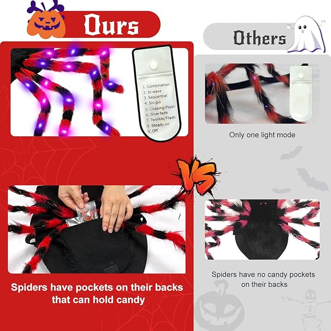 OurWarm Large Dog Halloween Costume, Dog Spider Costume with 64 LED Purple Lights, Furry Funny Halloween Costumes for Large Dogs Pets Clothes Puppy Outfits Cosplay Halloween Party Decor