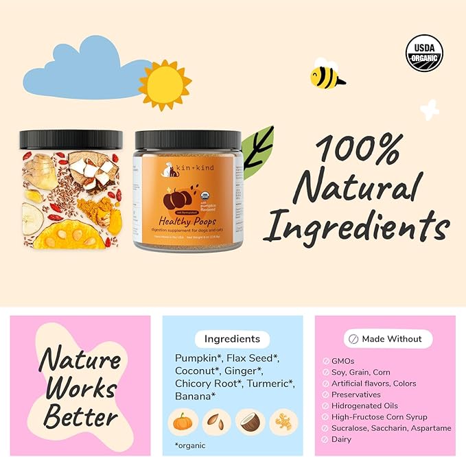 kin+kind Organic Pumpkin Powder for Dogs & Cats for Healthy Poop - Made in USA - Natural Pumpkin Powder Formula w/Flax Seed, Ginger, Turmeric & Coconut - Nutritional Supplement - Large 8oz