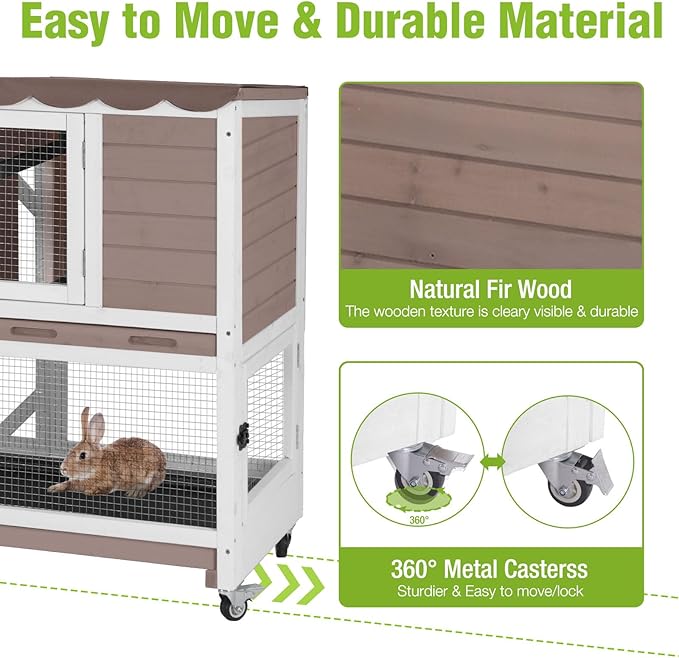 Wooden Rabbit Hutch with Two Story, Bunny Cage with Leak-Proof Trays, and Chew-Proof Ramp, Guinea Pig Cage with Wheels, Suitable for Indoor/Outdoor Use (Brown)