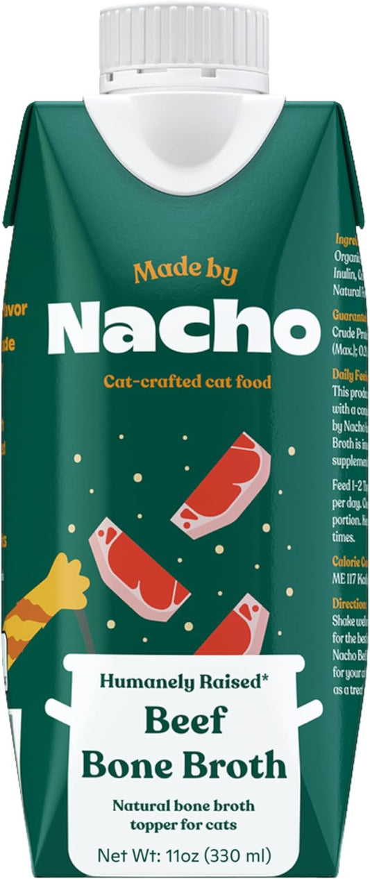 Made by Nacho Bone Broth Cat Food Topper for Hydration and Picky Eaters - Add Protein and Flavor to Your Dry Cat Food – Supports Optimal Nutrition, Digestion, Skin & Coat, 11 oz. (Pack of 4), Beef