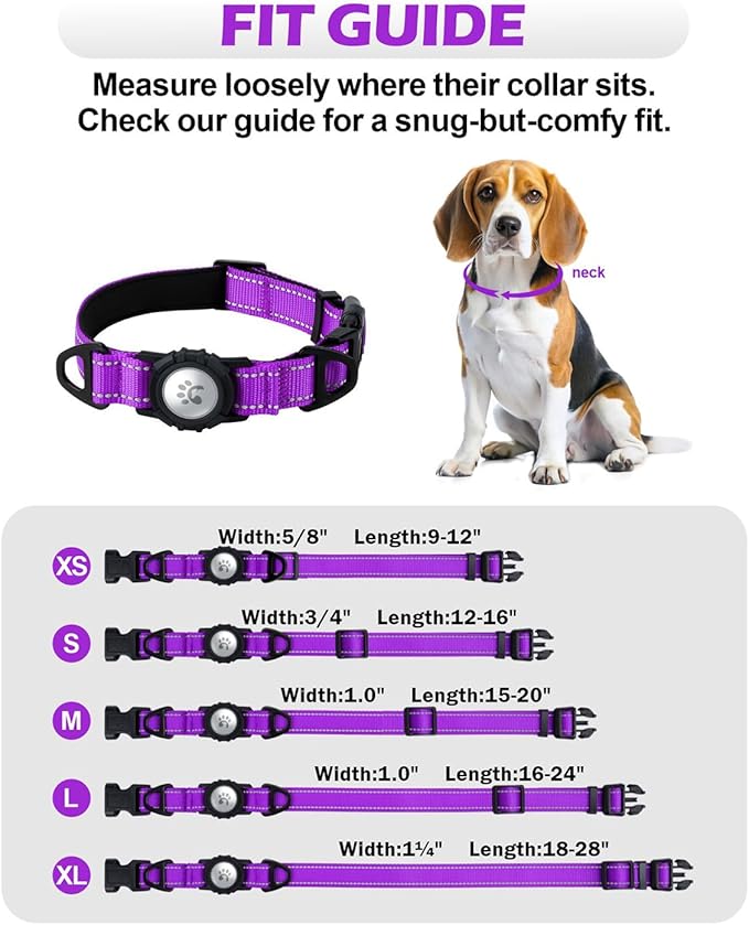 TagME Airtag Dog Collar,Waterproof Reflective Pet Collar with Airtag Holder,Soft Padded and Double D-Rings for Puppy,Purple