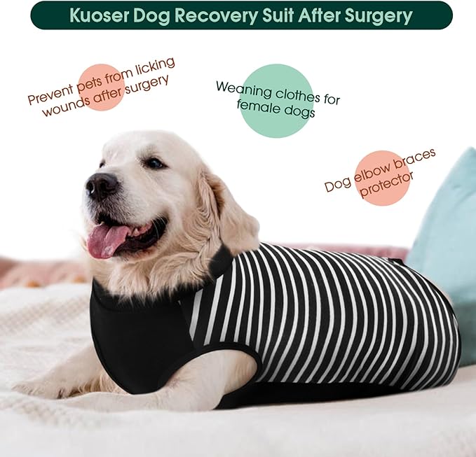 Kuoser Dog Recovery Suit, Anti Licking Dogs Rear Leg Sleeve, Abdominal Dog Surgical Suit with Pants Cover Protect Wounds, Dogs Elbow Protector Soft Pet Surgery Onesie Cone Alternative, Black 3XL
